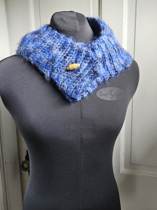 Handmade Accessories - Handmade Blue Knit Scarf with Button Accent